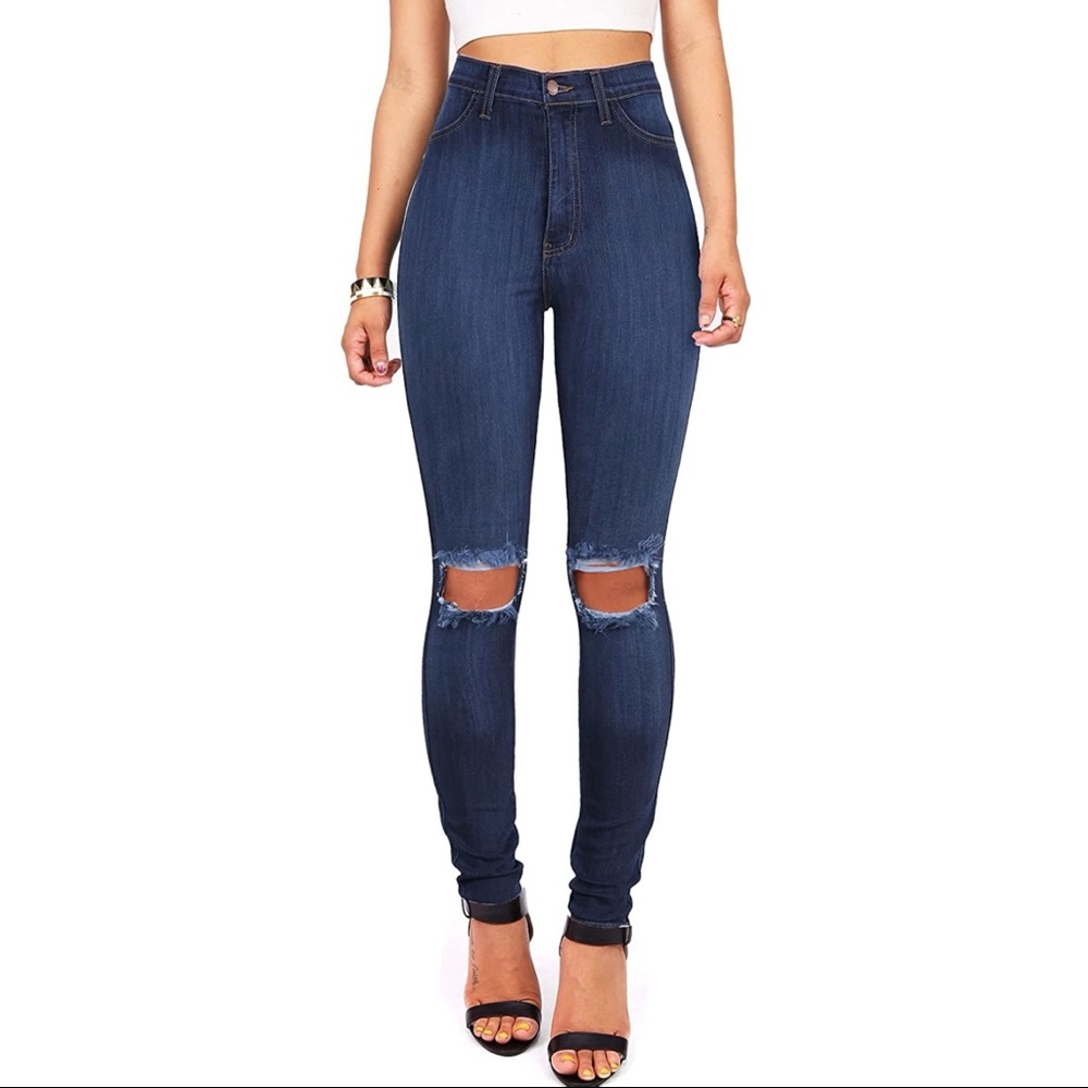 High Waisted Skinny Jeans with Knee Slit (3)